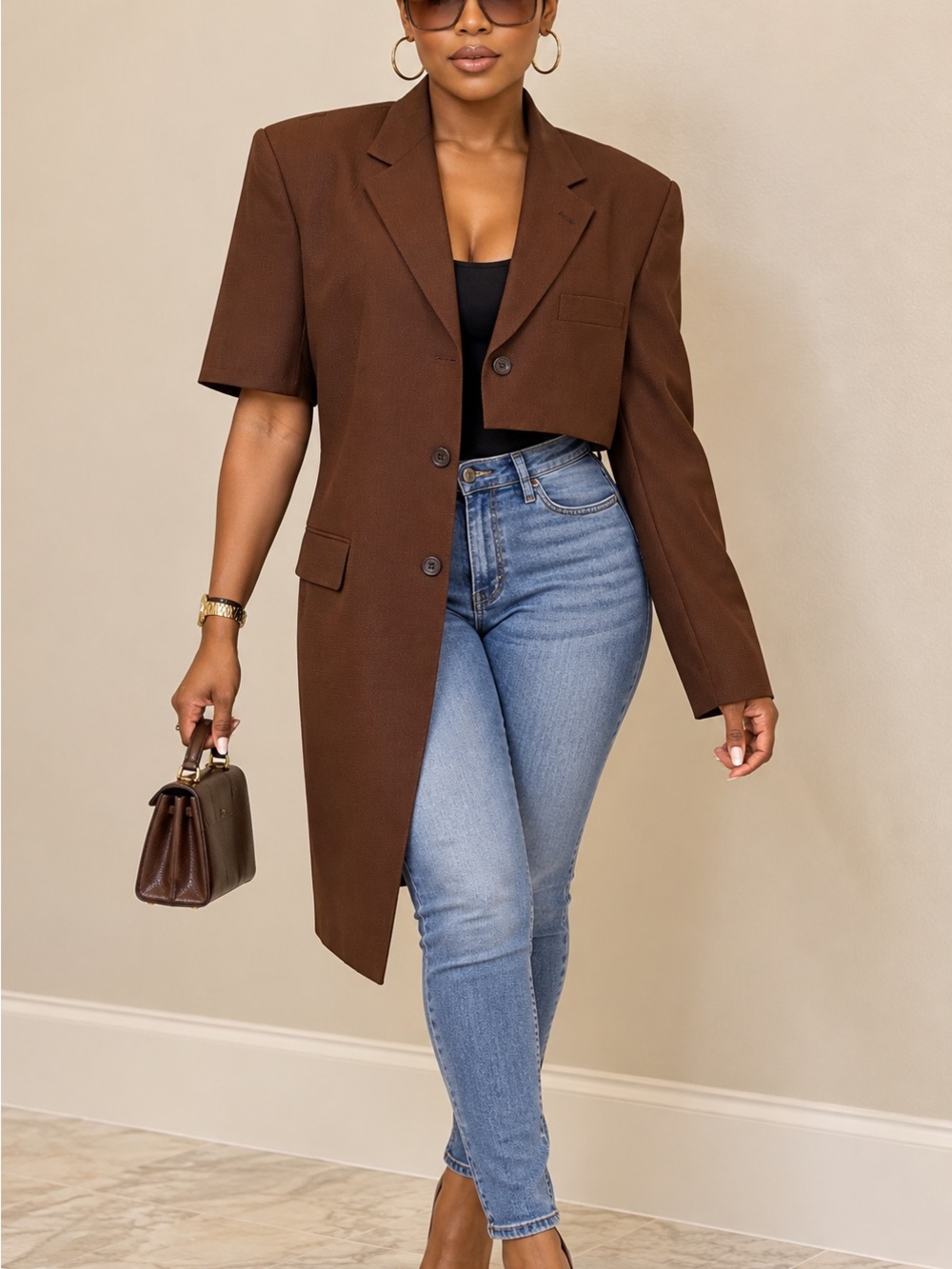 Upcycled Cropped-Brown Asymmetric one sleeve different Blazer Jacket size L/XL
